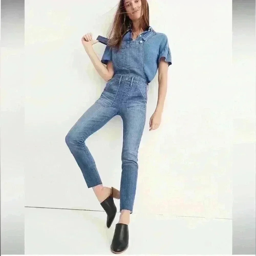 MADEWELL | Women's Kemp Medium Wash Raw Hem Skinny Overalls, Size‎ S